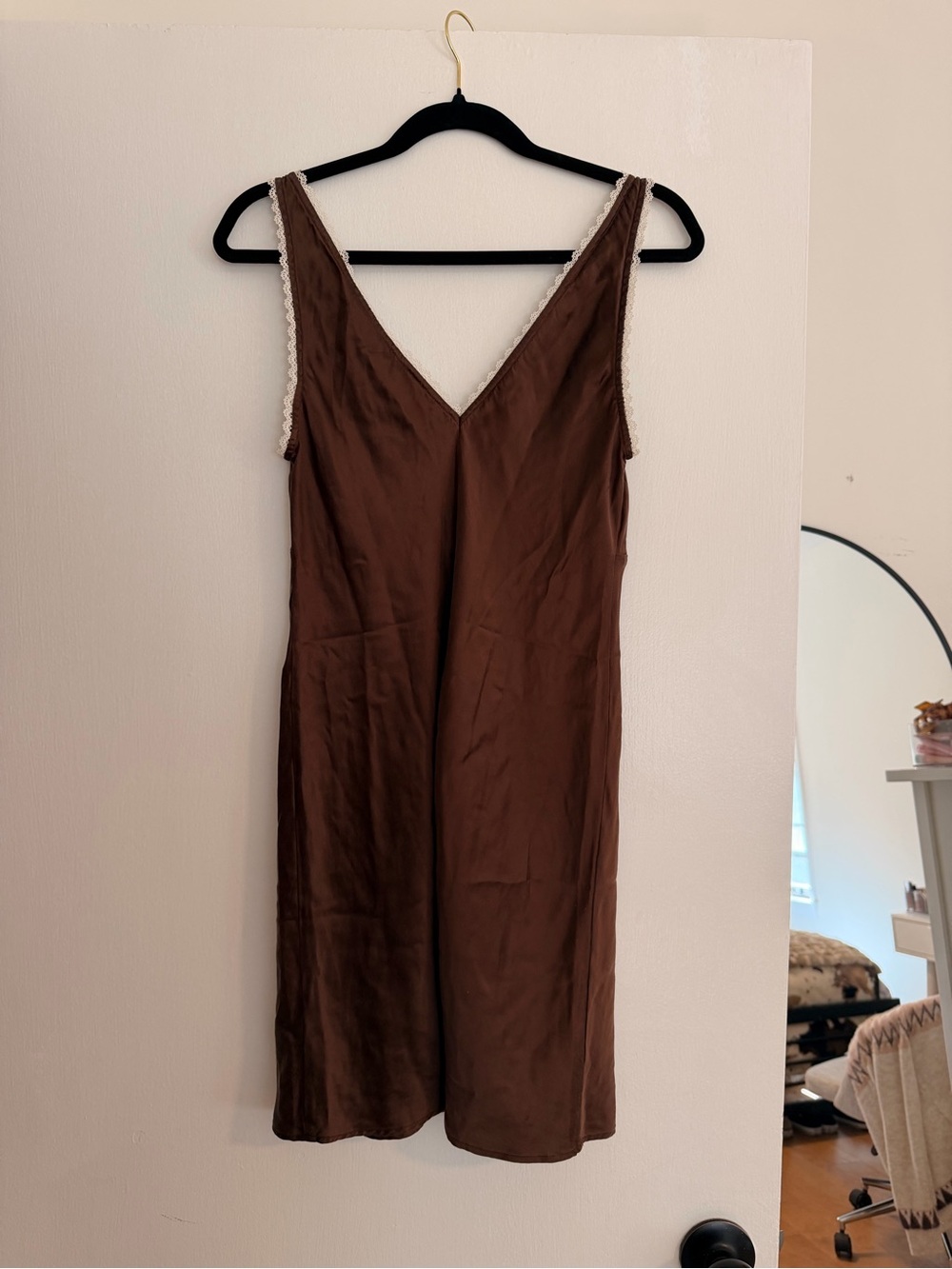 Reformation Keaton Brown Silk Slip Dress with Cream Trim - Picture 2 of 5